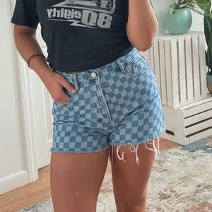 Blue Checkered Denim Shorts
